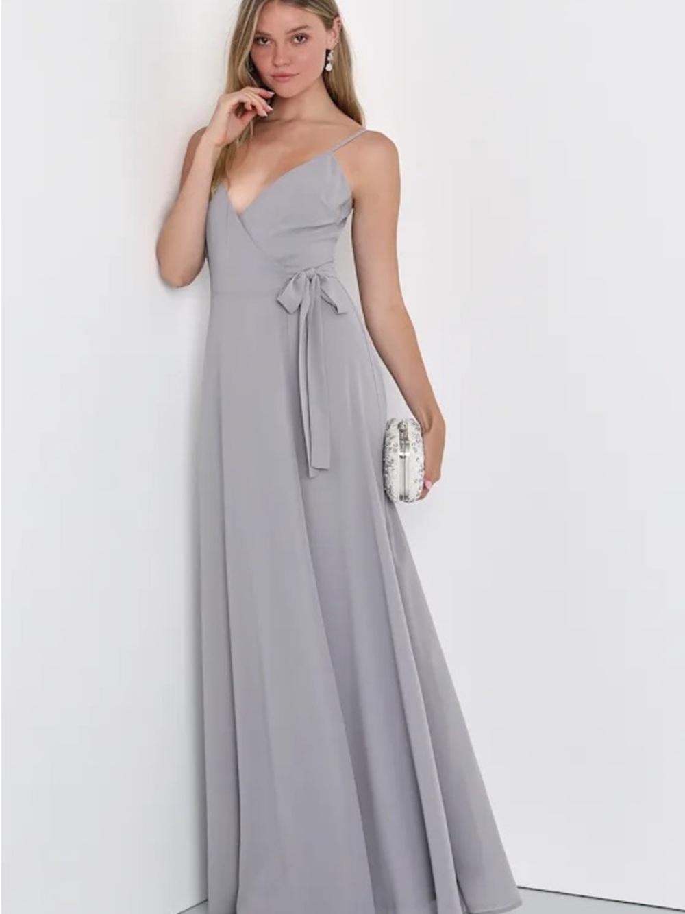 Lulu's Light Gray Spaghetti-Strap Wrap Maxi Dress